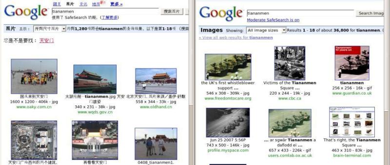 Google.cn和Google.com的搜索结果对比